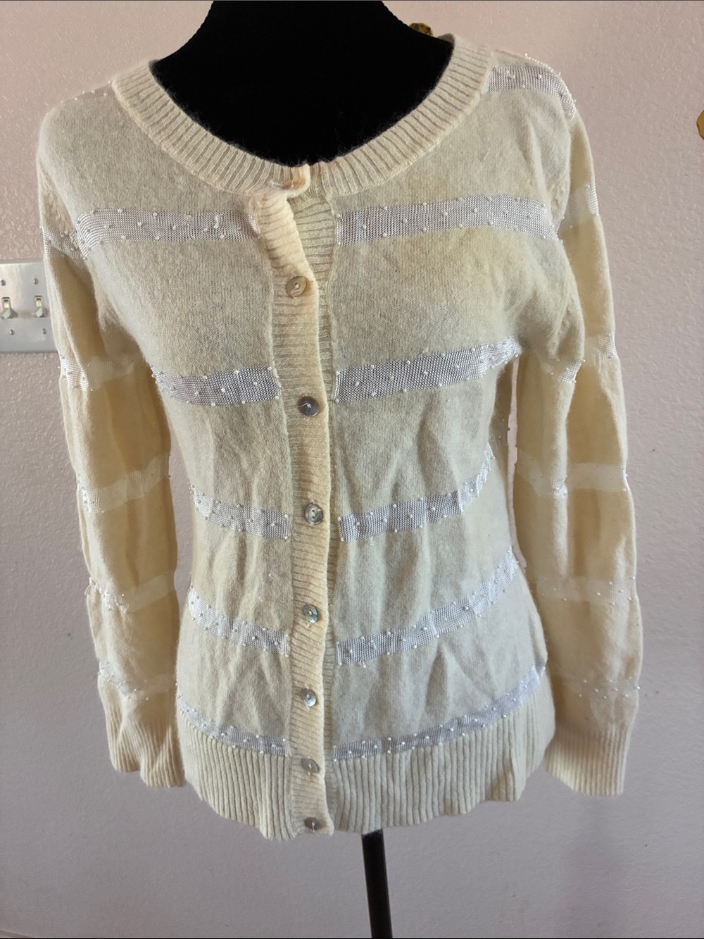 Women's Cream Sequin-Trim Button Cardigan Sweater
